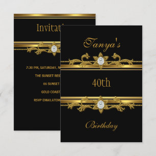 Invitación Cumpleaños 40 Elegante Joya de Oro Negro