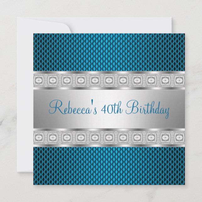 Invitación Cumpleaños 40 Elegante Joya de Plata Turquesa (Anverso)