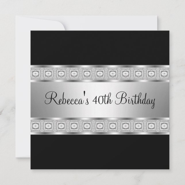 Invitación Cumpleaños 40 Elegante Joya Negra Plateada (Anverso)