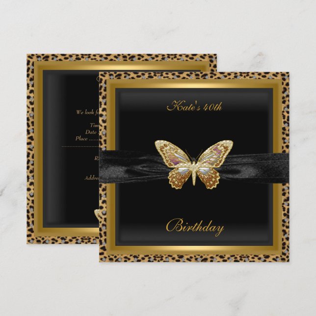 Invitación Cumpleaños 40 Elegante Leopardo Mariposa Dorada (Anverso / Reverso)