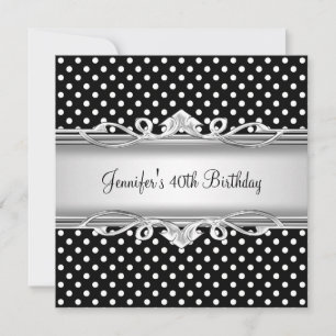 Invitación Cumpleaños 40 Elegante Negro Blanco mancha Plata