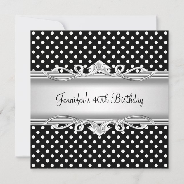 Invitación Cumpleaños 40 Elegante Negro Blanco mancha Plata (Anverso)