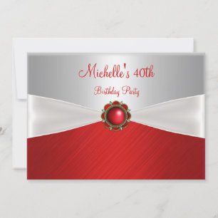Invitación Cumpleaños 40 Elegante Plata Blanco Rojo Joya