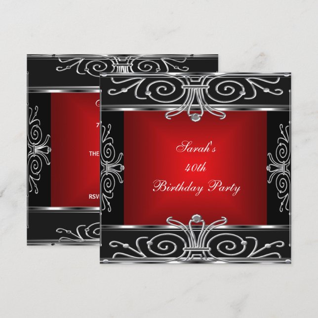 Invitación Cumpleaños 40 Elegante Rojo Negro Plateado Art Déc (Anverso / Reverso)