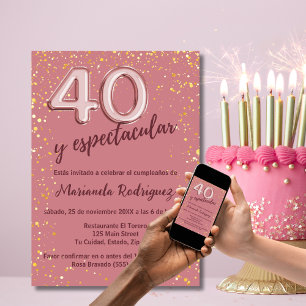 Invitación Cumpleaños 40 Elegante Rosa Dorado Brillante