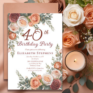Invitación Cumpleaños 40 Elegante Rust Terracotta Rosa Floral