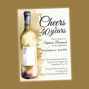 Invitación Cumpleaños 40 Elegante Vino Blanco Cheers Moderno