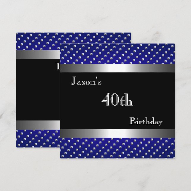 Invitación Cumpleaños 40 Elegantes Azul Negro Plata Studs Hom (Anverso / Reverso)