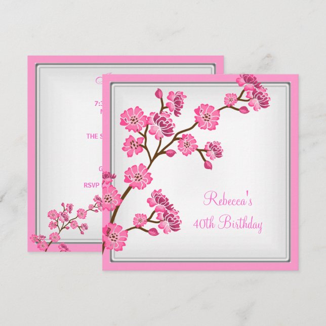 Invitación Cumpleaños 40 Elegantes Flores Asiáticas Rosadas (Anverso / Reverso)