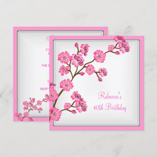 Invitación Cumpleaños 40 Elegantes Flores Asiáticas Rosadas