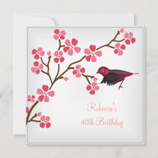 Invitación Cumpleaños 40 Elegantes Flores Asiáticas Rosadas P