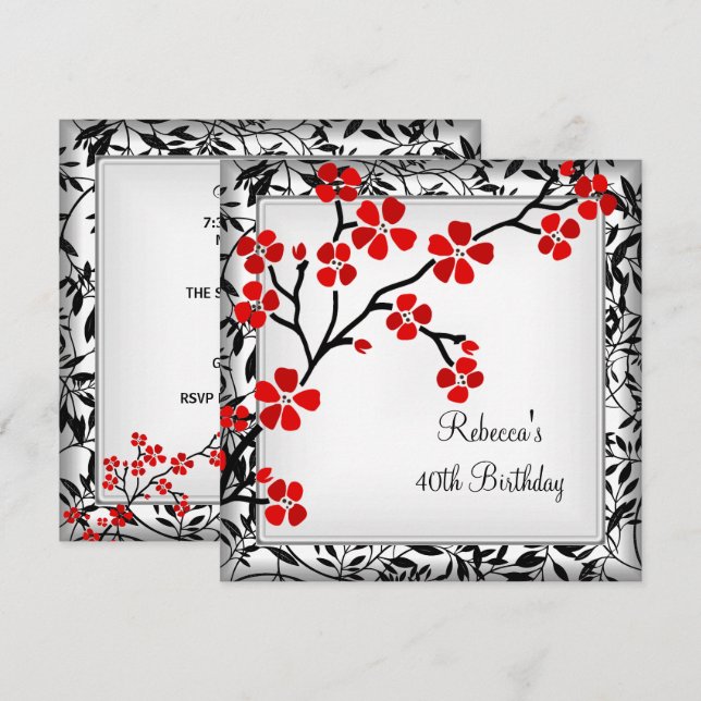 Invitación Cumpleaños 40 Elegantes Flores Rojas Asiáticas Bla (Anverso / Reverso)