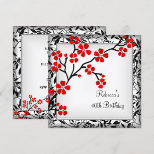 Invitación Cumpleaños 40 Elegantes Flores Rojas Asiáticas Bla
