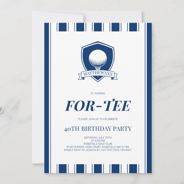 Invitación Cumpleaños 40 Elegantes Hombres de Golf Azul (Anverso)