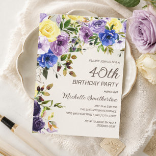 Invitación Cumpleaños 40 en Floral Acuarela Amarillo Púrpura