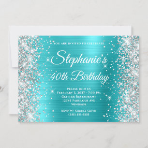 Invitación Cumpleaños 40 en Glitter Plateado Aqua Azul Monogr