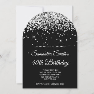 Invitación Cumpleaños 40 en Glitter Plateado y Negro