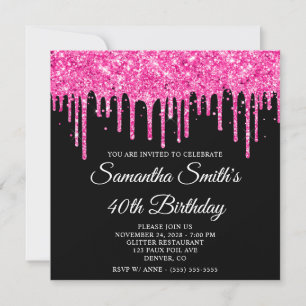 Invitación Cumpleaños 40 en Glitter Rosa Brillante Negro