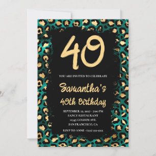Invitación Cumpleaños 40 en negro pintado con leopardo verde