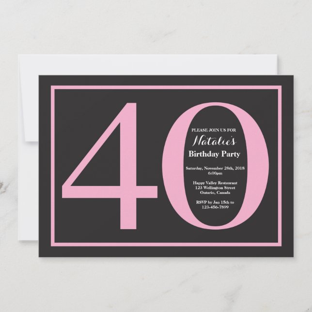 Invitación Cumpleaños 40 en Pizarra Rosa y Negra (Anverso)