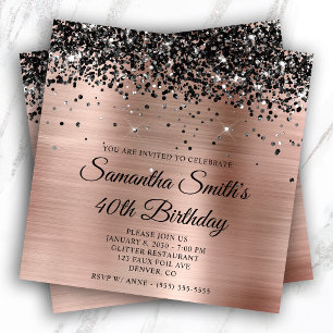 Invitación Cumpleaños 40 en Rosa Dorado con Brillo Negro