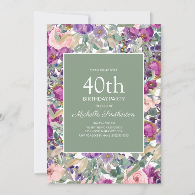 Invitación Cumpleaños 40 en Rosa Floral con Toque de Verde y  (Anverso)