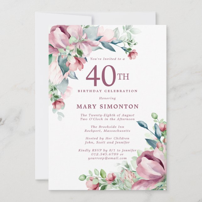 Invitación Cumpleaños 40 Exquisito Floral Rosa (Anverso)