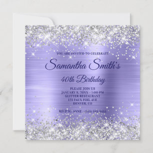 Invitación Cumpleaños 40 Falso Brillo de Plata Periwinkle Hoj