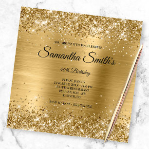 Invitación Cumpleaños 40 Falso Oro Brillo y Lámina Brillante