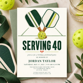 Invitación Cumpleaños 40 Fiesta de Pickleball Sirviendo 40
