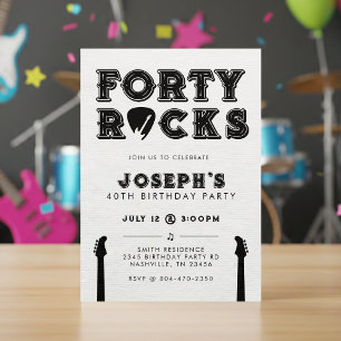 Invitación Cumpleaños 40 Fiesta Forty Rocks Guitarra Púa
