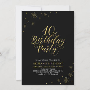 Invitación Cumpleaños 40   Fiesta Moderno Chic Dorado y Negro