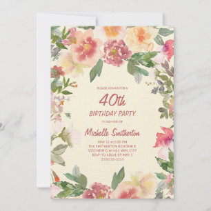 Invitación Cumpleaños 40 Floral Acuarela Rosa Melocotón