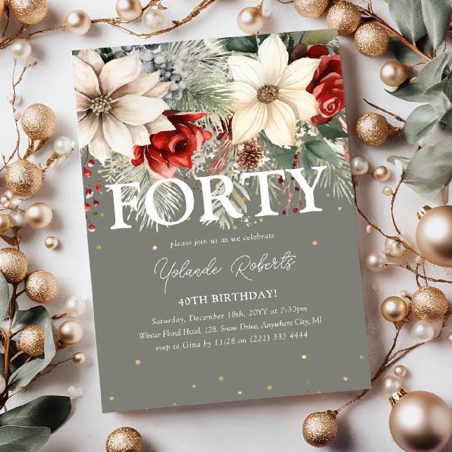 Invitación Cumpleaños 40 Florales de Invierno Festivos (Subido por el creador)