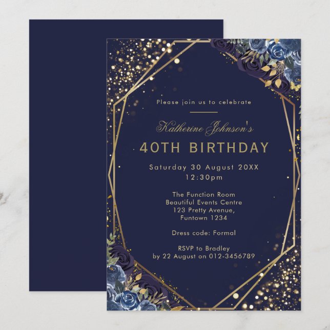 Invitación Cumpleaños 40 Formal Azul Marino (Anverso / Reverso)