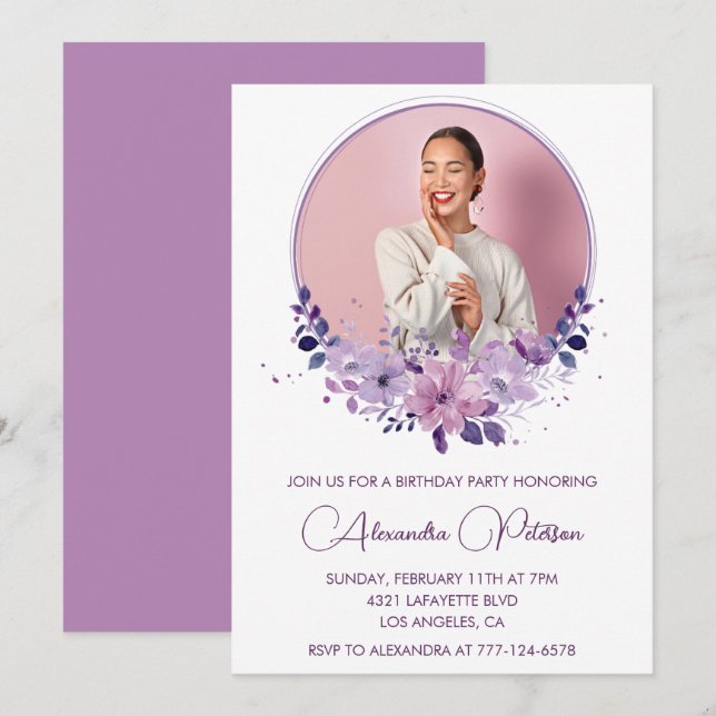 invitación cumpleaños 40 Foto Boho elegante púrpur (Anverso / Reverso)
