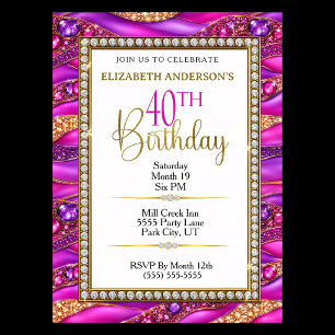 Invitación Cumpleaños 40 Glam Pink Gold Joyas Strata