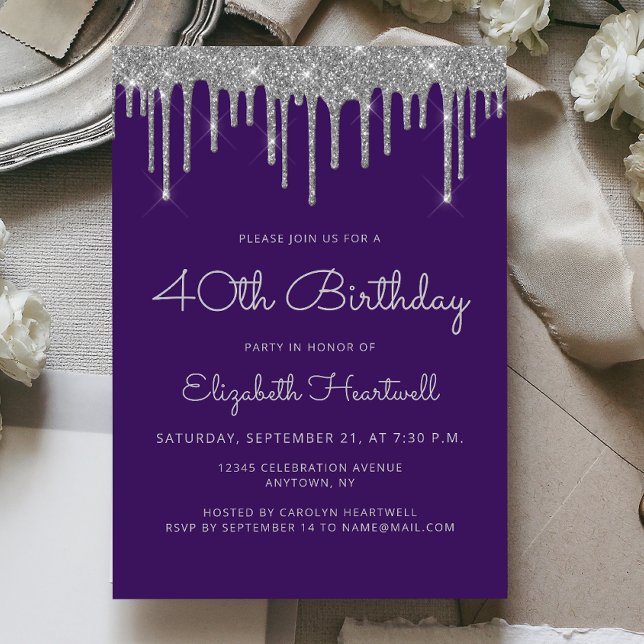 Invitación Cumpleaños 40 Glam Púrpura con Brillo de Plata (Subido por el creador)