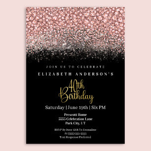 Invitación Cumpleaños 40 Glamour Rosa Joyas Brillantes