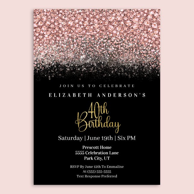 Invitación Cumpleaños 40 Glamour Rosa Joyas Brillantes (Subido por el creador)