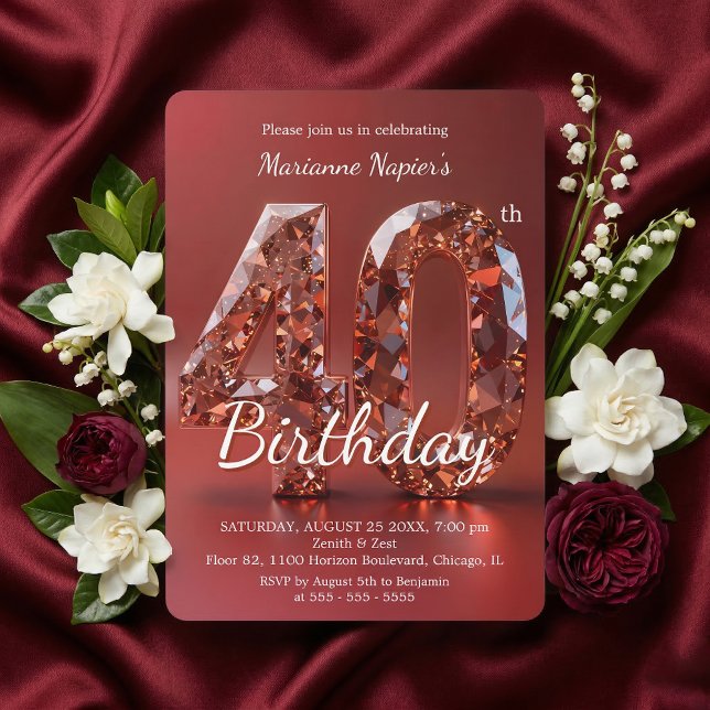 Invitación Cumpleaños 40 Glamuroso con Piedra Preciosa de Oro (Subido por el creador)