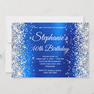 Invitación Cumpleaños 40 Glitter Plateado Monograma Azul Real