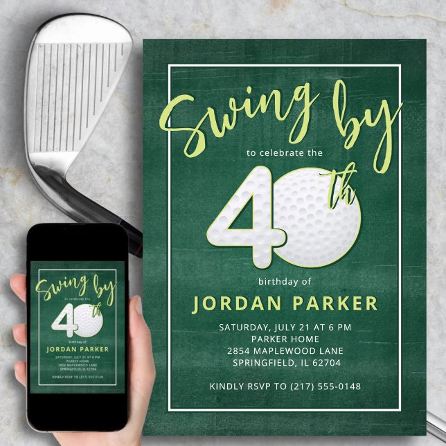 Invitación Cumpleaños 40 Golf Tema Swing de Stylish Green (A bold “40” with textured golf detail that stands out.)