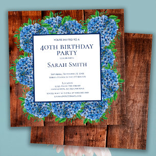 Invitación Cumpleaños 40 Hortensias Azules de Madera Fiesta R