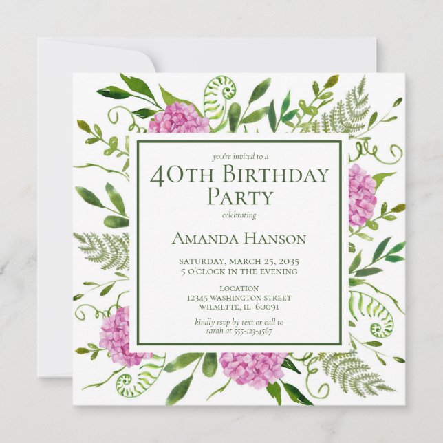 Invitación Cumpleaños 40 Hydrangeas Rosadas (Anverso)