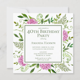 Invitación Cumpleaños 40 Hydrangeas Rosadas