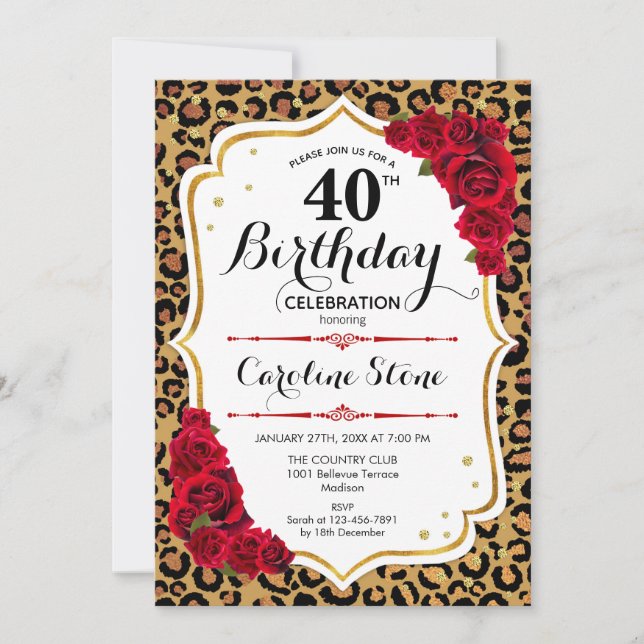 Invitación Cumpleaños 40 - Impresión de leopardo en rojo y do (Anverso)