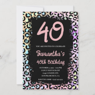 Invitación Cumpleaños 40 Iridescente Arcoíris Leopardo Rosa