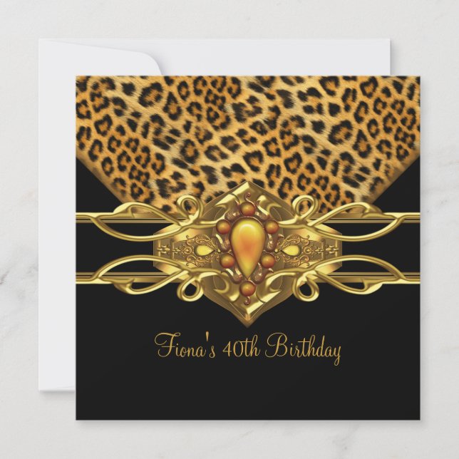 Invitación Cumpleaños 40 Joyas de Leopardo Cheetah Negro Oro (Anverso)
