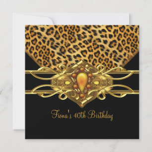 Invitación Cumpleaños 40 Joyas de Leopardo Cheetah Negro Oro